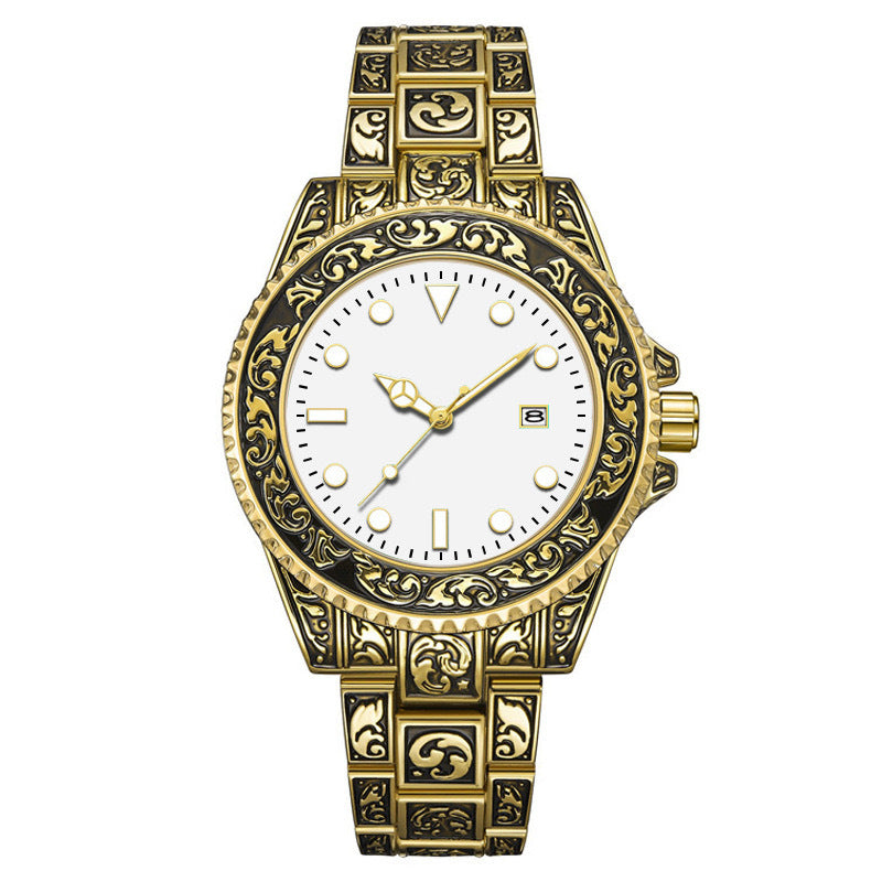 Vintage Gold Engraved Quartz Watch with Date – 43mm Men’s Watch