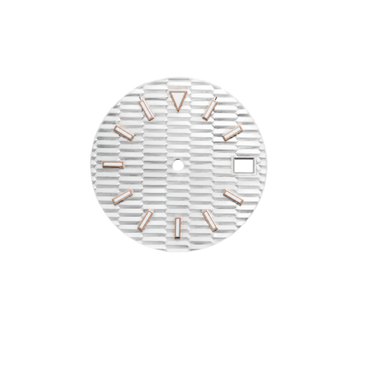 Textured Silver NH35 Automatic Watch Dial with Rose Gold Index Markers & Date Window | DIY Custom Watch Mod Dial