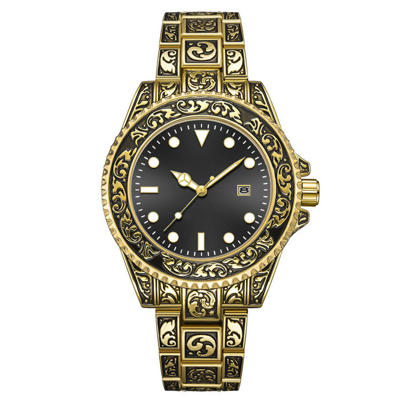 Vintage Gold Engraved Quartz Watch with Date – 43mm Men’s Watch