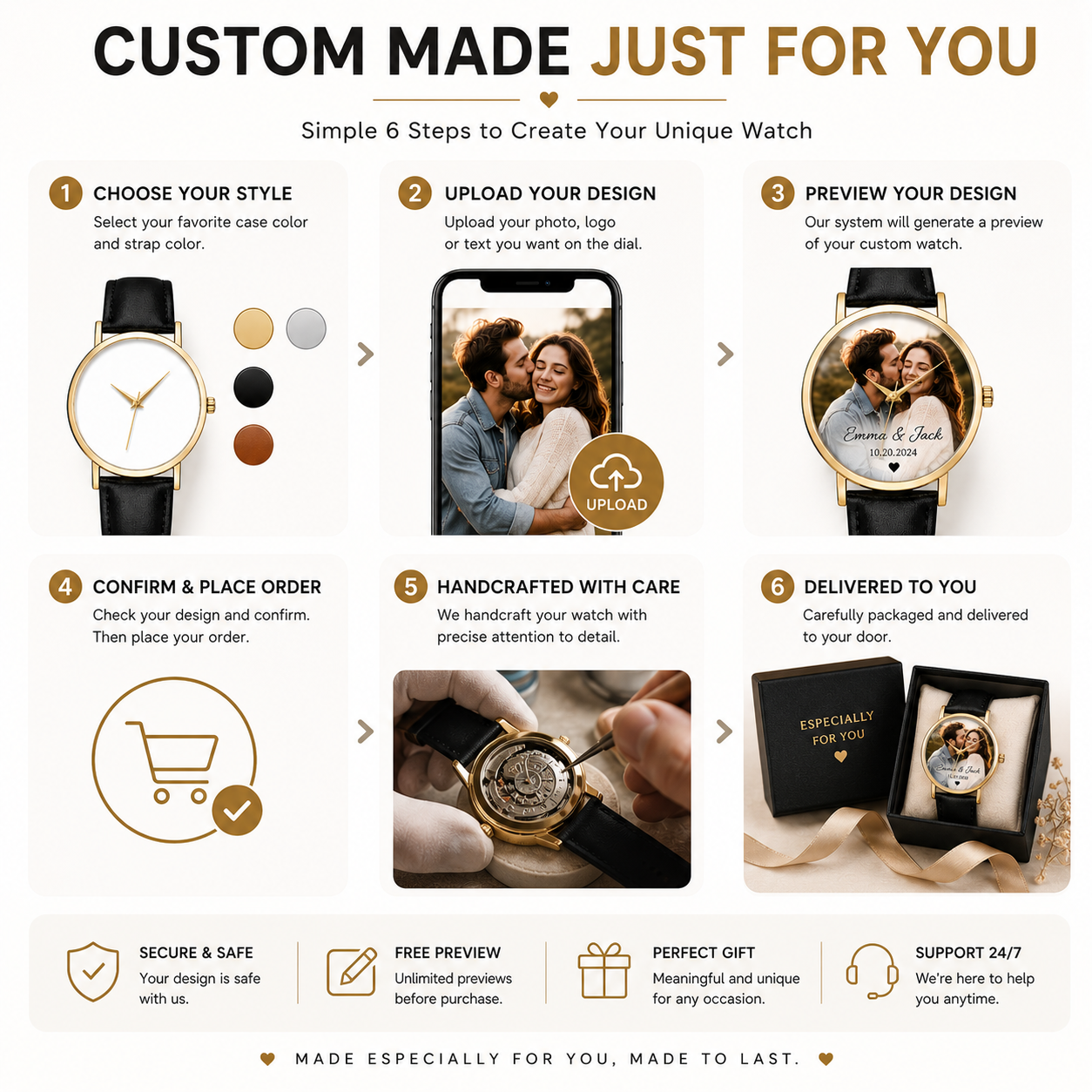 Custom DIY Minimalist Quartz Watch | 2035 Movement | Personalized Photo Dial | 38mm Genuine Leather Strap