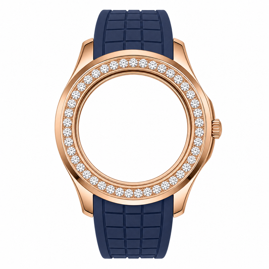 Rose Gold Crystal Bezel Empty Watch Case Set 31.5mm｜Blue Silicone Strap NH35 DIY Watch Part