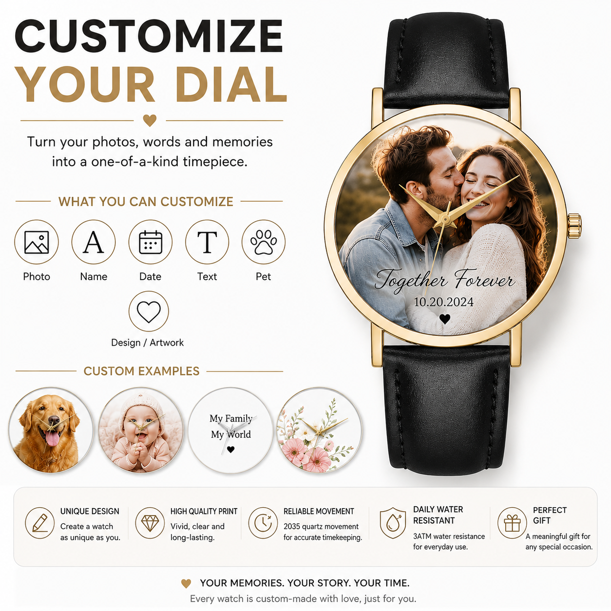 Custom DIY Minimalist Quartz Watch | 2035 Movement | Personalized Photo Dial | 38mm Genuine Leather Strap