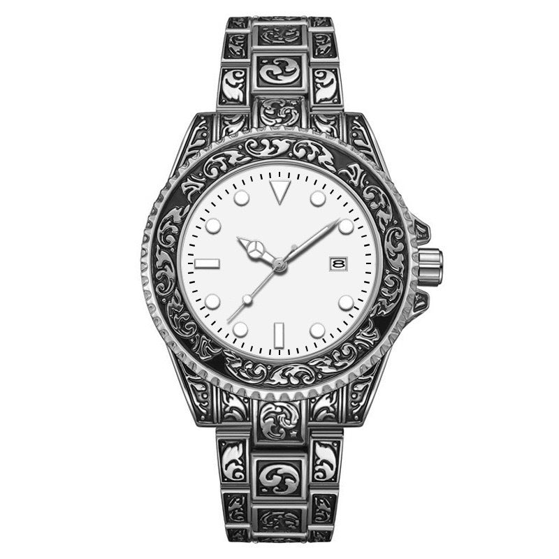 Vintage Gold Engraved Quartz Watch with Date – 43mm Men’s Watch
