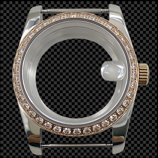 -Style White Case with Rose Gold Diamond-Set Bezel