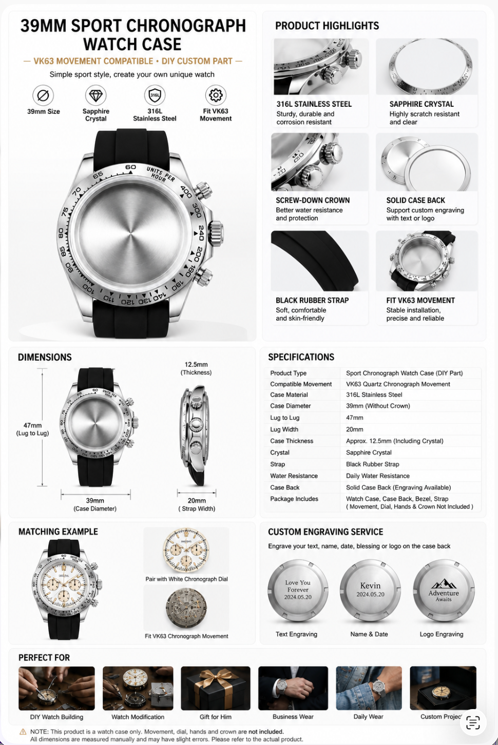 Silver VK63 Chronograph Watch Case｜39mm Sport Custom Watch Replacement Part