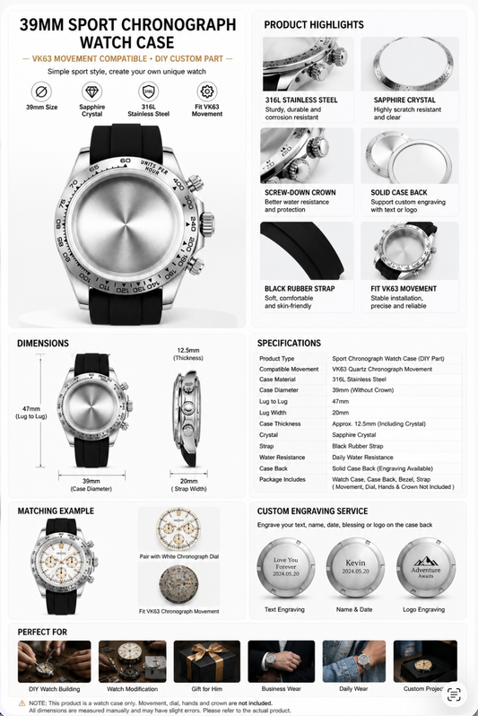 Silver VK63 Chronograph Watch Case｜39mm Sport Custom Watch Replacement Part