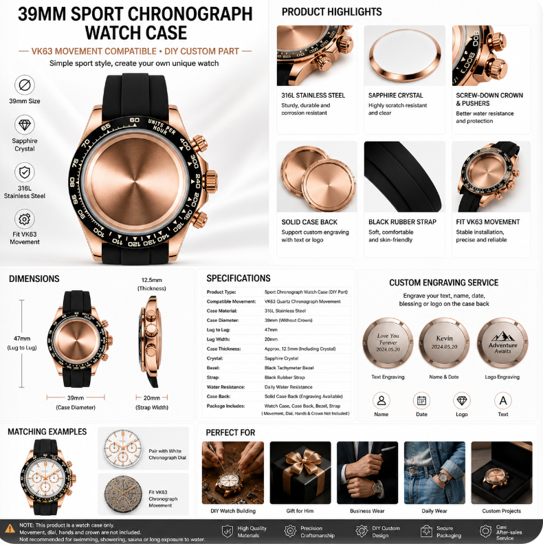 Rose Gold Black Bezel VK63 Chronograph Watch Case｜39mm Sport Custom Watch Replacement Part