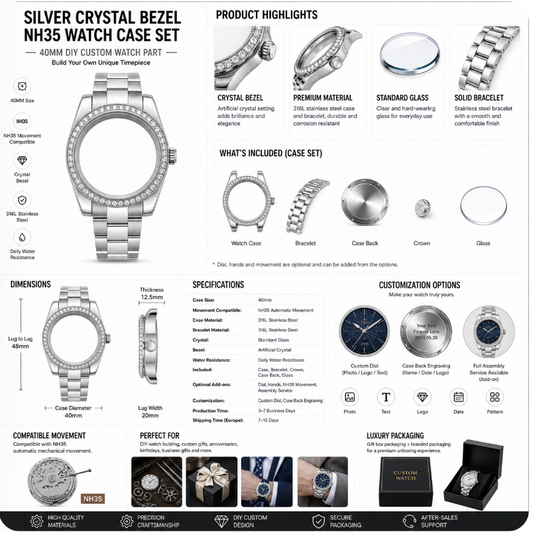 Silver NH35 Custom Watch Case｜40mm Crystal Bezel DIY Watch Part