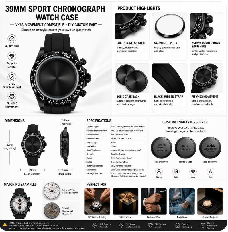 Black VK63 Chronograph Watch Case｜39mm Sport Custom Watch Replacement Part