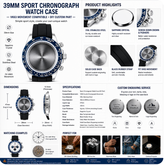 Silver Blue Bezel VK63 Chronograph Watch Case｜39mm Sport Custom Watch Replacement Part