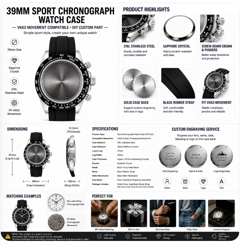 Silver Black Bezel VK63 Chronograph Watch Case｜39mm Sport Custom Watch Replacement Part