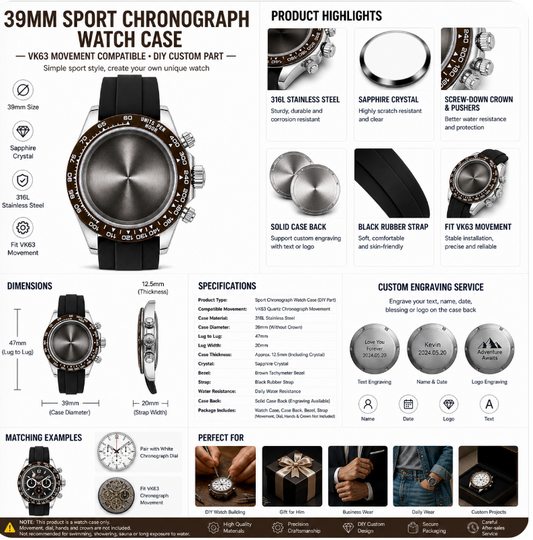Silver Brown Bezel VK63 Chronograph Watch Case｜39mm Sport Custom Watch Replacement Part