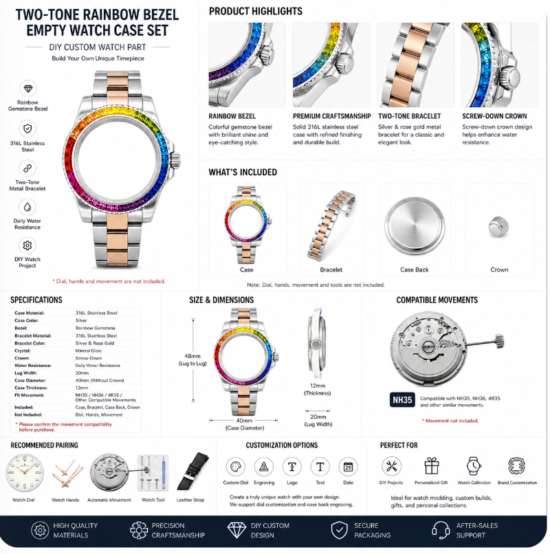 Two-Tone Rainbow Bezel Custom Watch Case｜Metal Bracelet DIY Watch Part