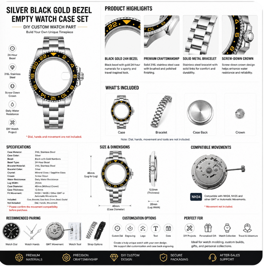 Silver Black Gold Bezel Custom Watch Case｜Metal Bracelet DIY Watch Part