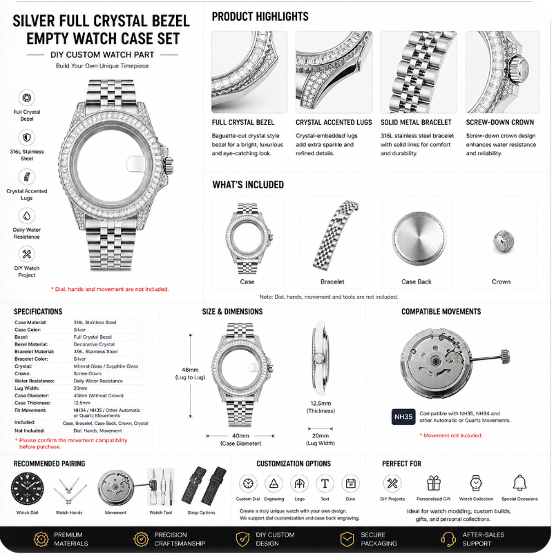 Silver Full Crystal Custom Watch Case｜Metal Bracelet DIY Watch Part