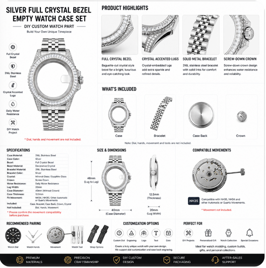 Silver Full Crystal Custom Watch Case｜Metal Bracelet DIY Watch Part