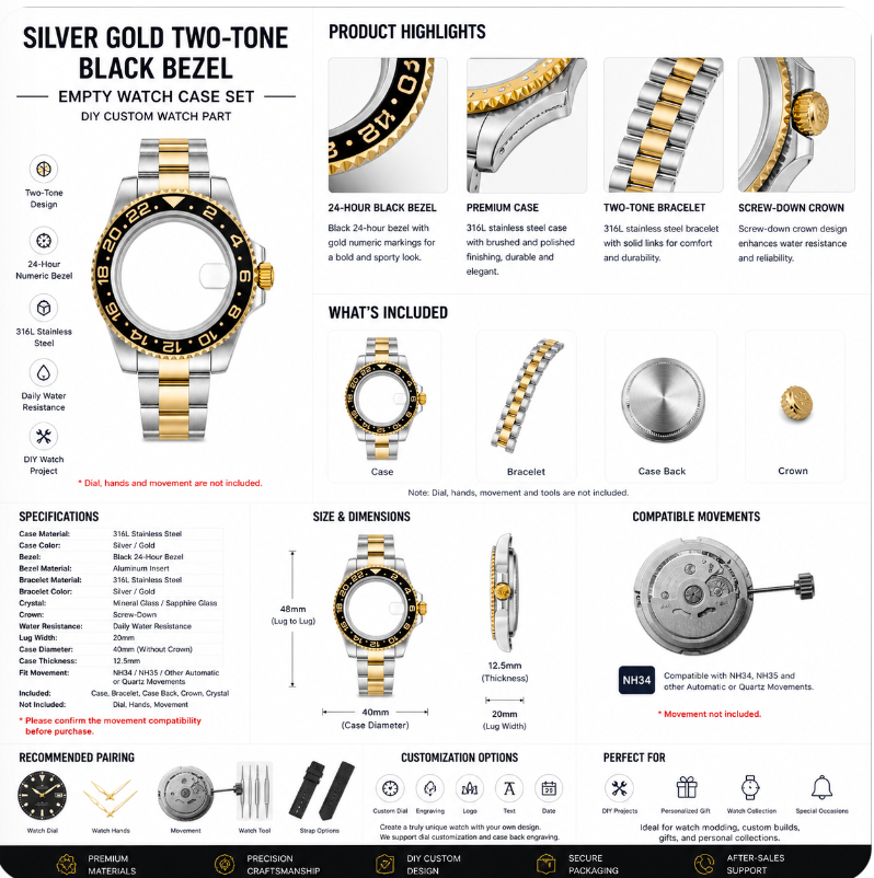 Silver Gold Two-Tone Black Bezel Custom Watch Case｜Metal Bracelet DIY Part