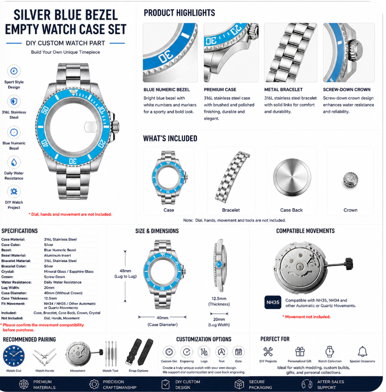 Silver Blue Bezel Custom Watch Case｜Metal Bracelet DIY Watch Part