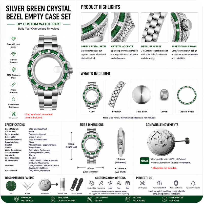 Silver Green Crystal Custom Watch Case｜Metal Bracelet DIY Watch Part