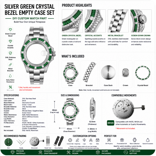 Silver Green Crystal Custom Watch Case｜Metal Bracelet DIY Watch Part