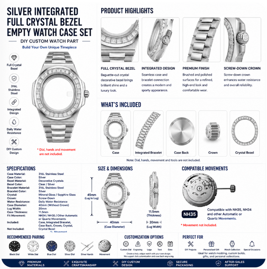 Silver Full Crystal Integrated Custom Watch Case｜Metal Bracelet DIY Part