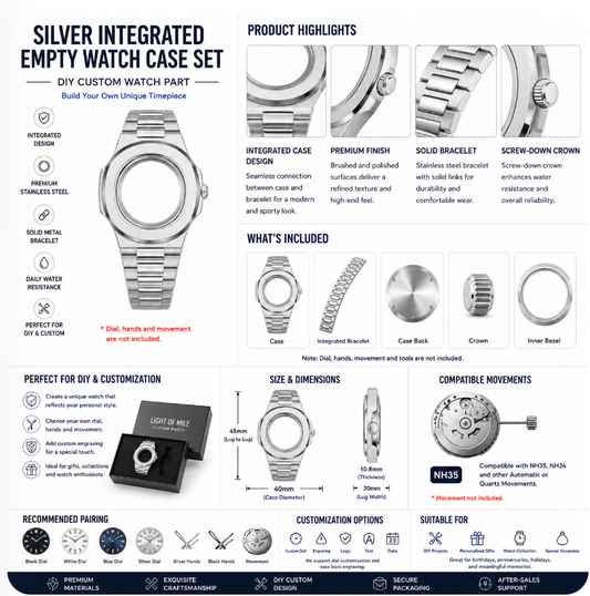 Silver Integrated Custom Watch Case｜Metal Bracelet DIY Watch Part