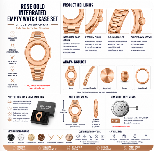 Rose Gold Integrated Custom Watch Case｜Metal Bracelet DIY Watch Part