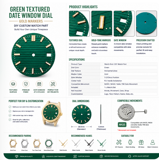 Green Custom Watch Dial｜Date Window Gold Markers DIY Watch Part