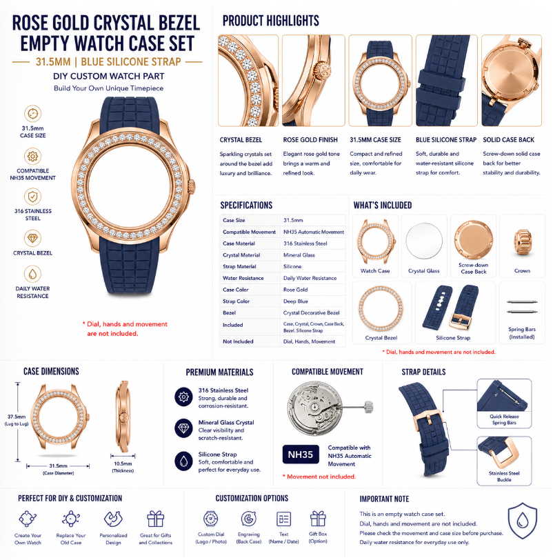 Rose Gold Crystal Bezel Empty Watch Case Set 31.5mm｜Blue Silicone Strap NH35 DIY Watch Part