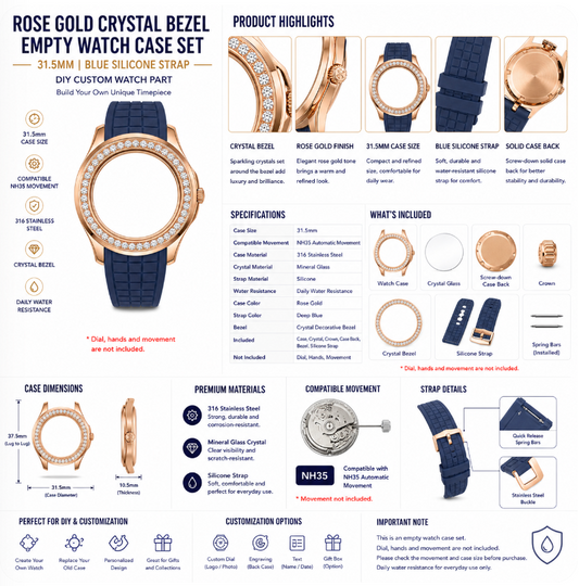 Rose Gold Crystal Bezel Empty Watch Case Set 31.5mm｜Blue Silicone Strap NH35 DIY Watch Part