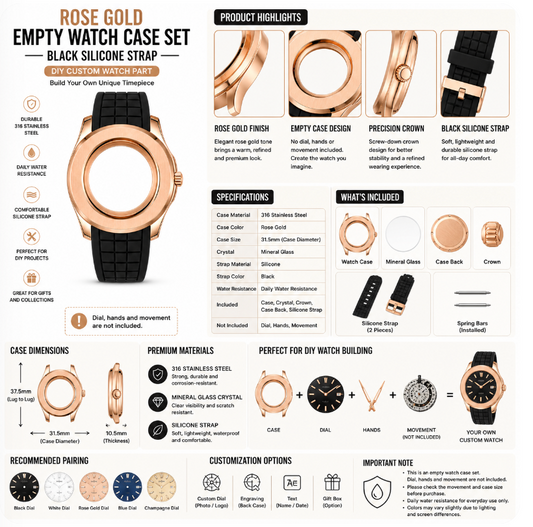 Rose Gold Custom Watch Case｜Black Silicone Strap DIY Watch Part