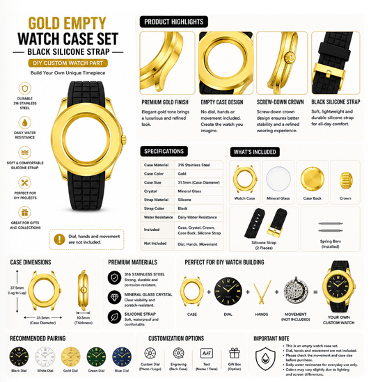 Gold Custom Watch Case｜Black Silicone Strap DIY Watch Part