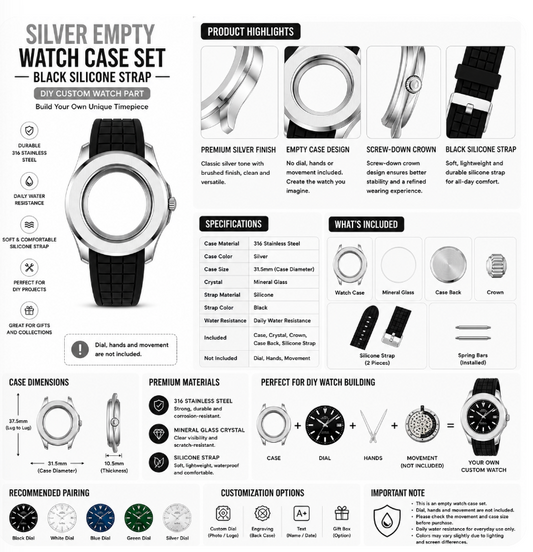 Silver Custom Watch Case｜Black Silicone Strap DIY Watch Part