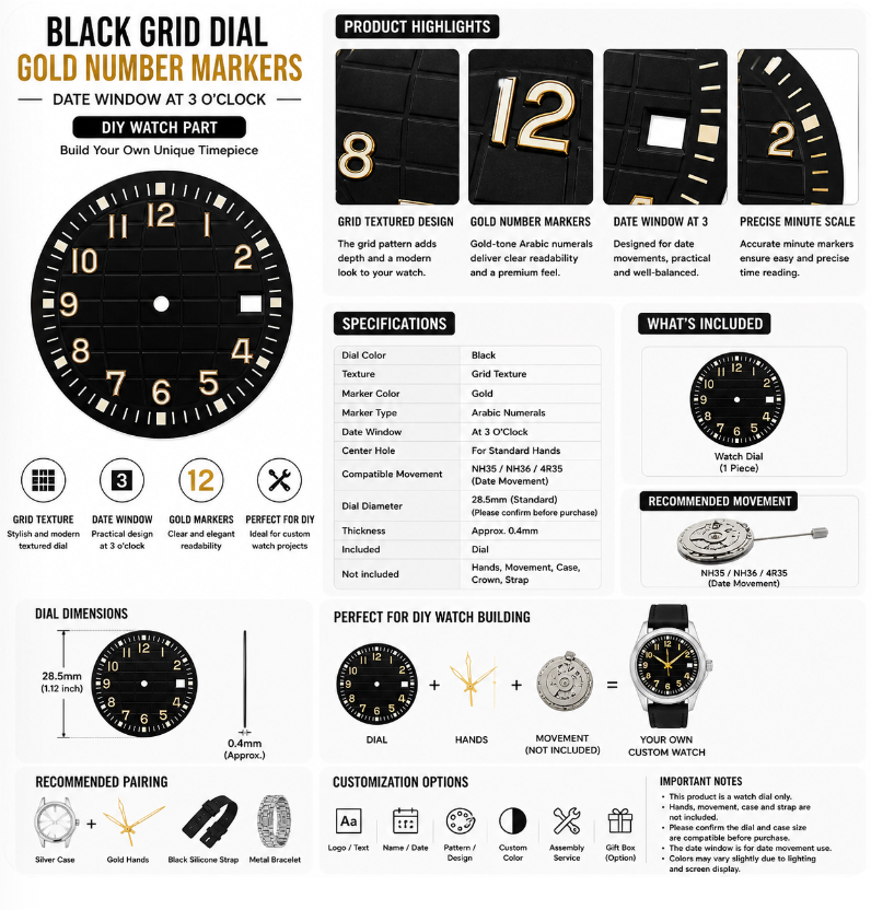 Black Custom Watch Dial｜Date Window Gold Number Markers DIY Watch Part