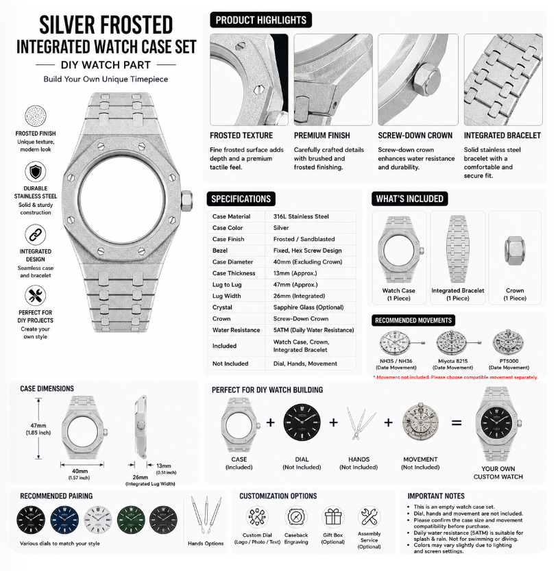 Silver Frosted Custom Watch Case｜Integrated Metal Bracelet DIY Watch Part