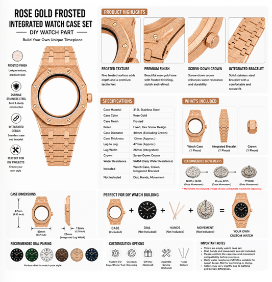 Rose Gold Frosted Custom Watch Case｜Integrated Metal Bracelet DIY Watch Part