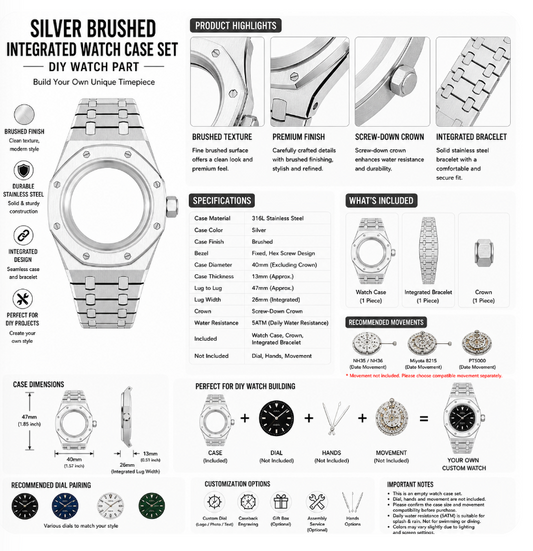 Silver Integrated Custom Watch Case｜Brushed Metal Bracelet DIY Watch Part