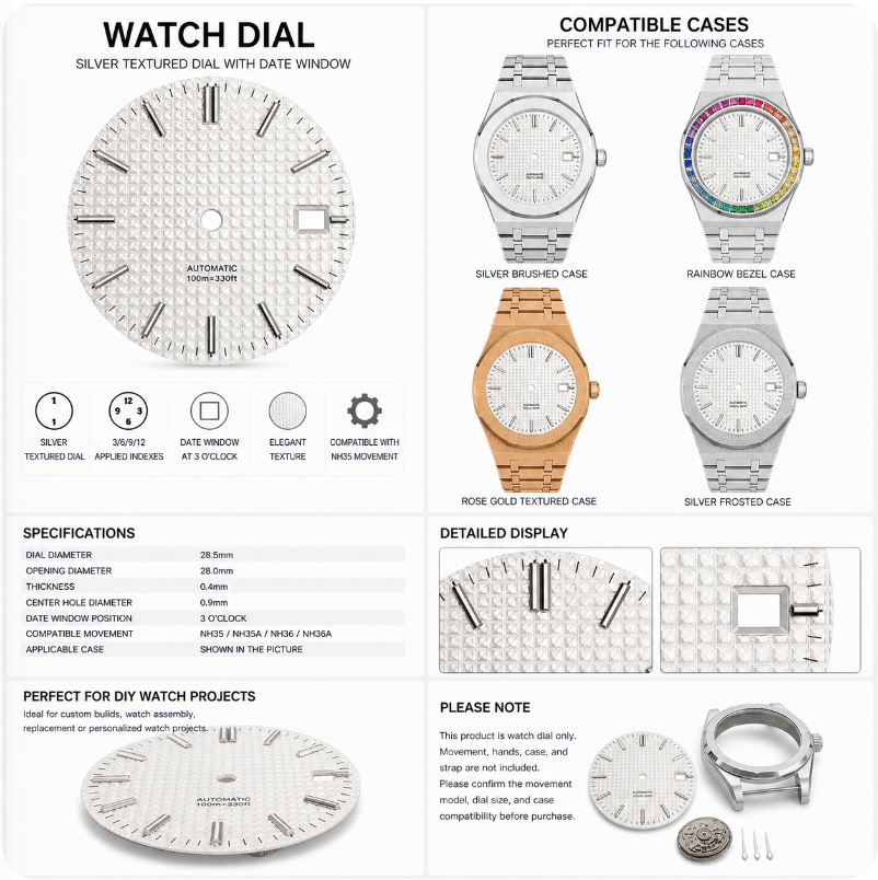 NH35 Compatible Silver Textured Watch Dial | 3 O’clock Date Window | Applied Metal Indices | DIY Mechanical Watch Part