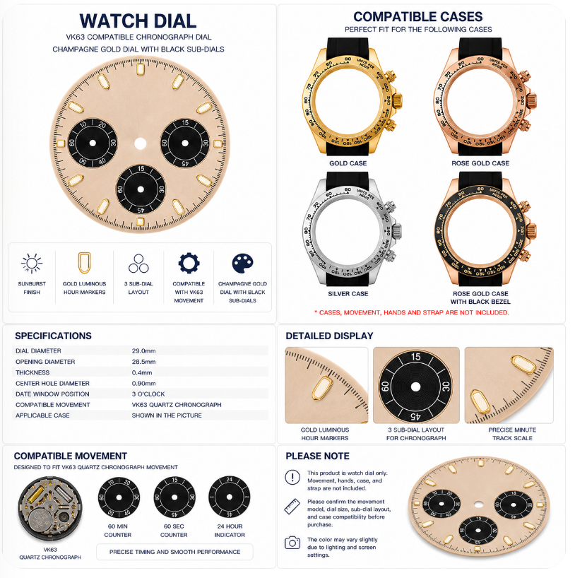 VK63 Compatible Champagne Gold Chronograph Watch Dial | Black 3 Sub-Dial Layout | Gold Luminous Hour Markers | DIY Quartz Chronograph Watch Part