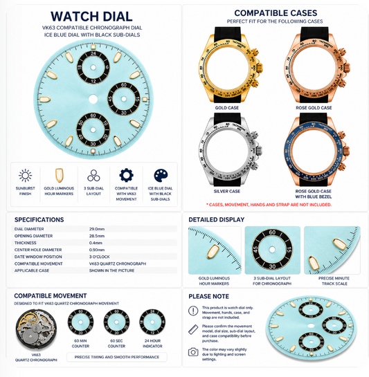VK63 Compatible Ice Blue Chronograph Watch Dial | Black 3 Sub-Dial Layout | Gold Luminous Hour Markers | DIY Quartz Chronograph Watch Part