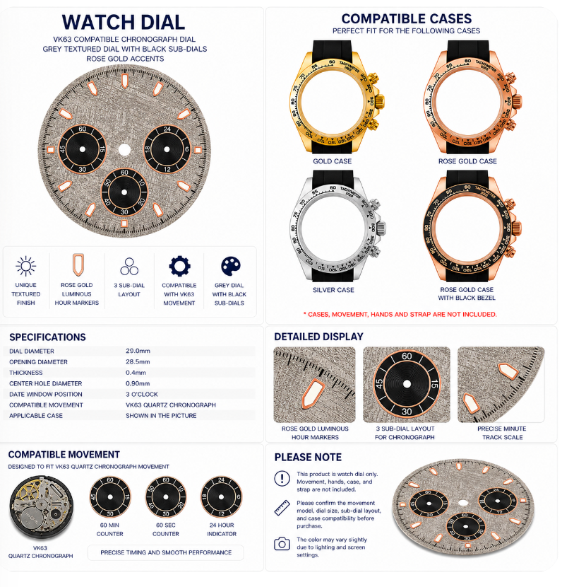 VK63 Compatible Grey Textured Chronograph Watch Dial | Black 3 Sub-Dial Layout | Rose Gold Luminous Hour Markers | DIY Quartz Chronograph Watch Part