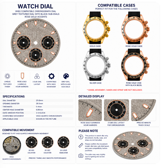 VK63 Compatible Grey Textured Chronograph Watch Dial | Black 3 Sub-Dial Layout | Rose Gold Luminous Hour Markers | DIY Quartz Chronograph Watch Part