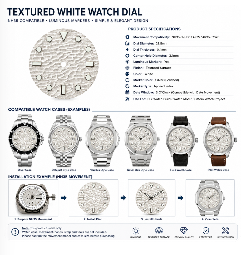 NH35 Compatible Textured White Watch Dial with Luminous Applied Markers | 3 O’clock Date Window | DIY Watch Mod Dial