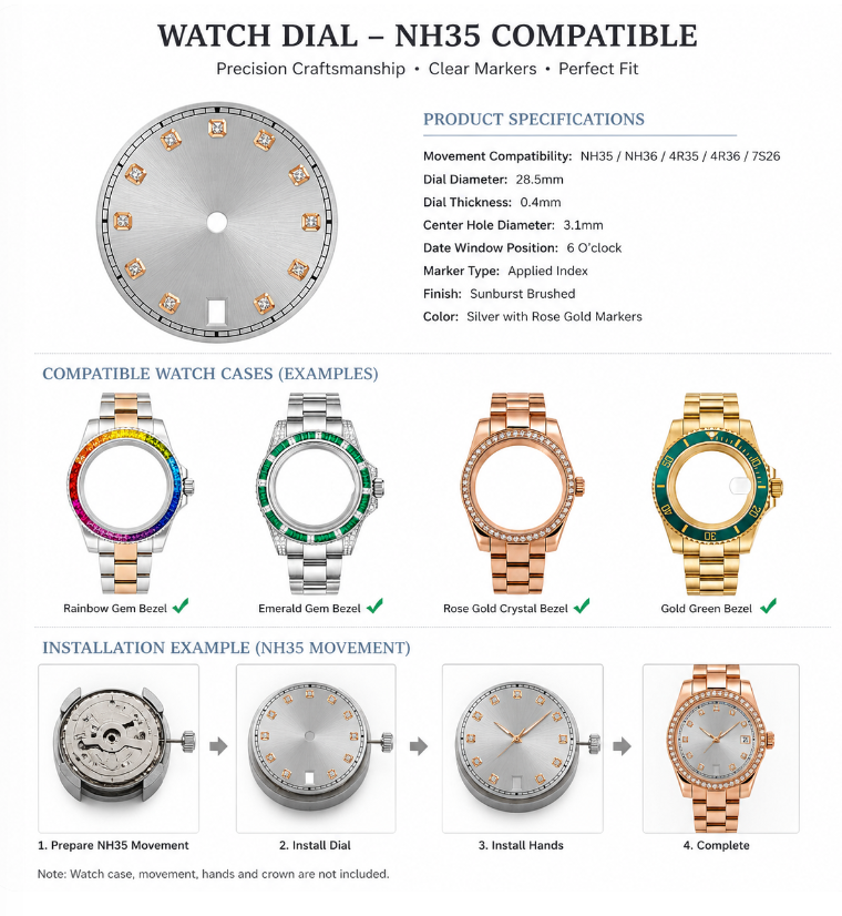 NH35 Compatible Silver Sunburst Watch Dial with Rose Gold Crystal Markers | 6 O’clock Date Window | DIY Watch Mod Dial for Sub-Style & Date-Style Cases