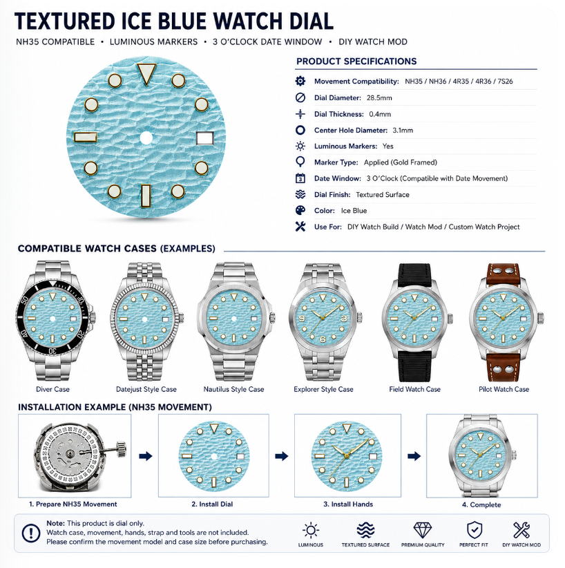 NH35 Compatible Textured Ice Blue Watch Dial with Gold-Framed Luminous Markers | 3 O’clock Date Window | DIY Watch Mod Dial