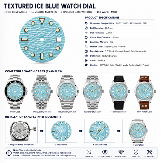 NH35 Compatible Textured Ice Blue Watch Dial with Gold-Framed Luminous Markers | 3 O’clock Date Window | DIY Watch Mod Dial