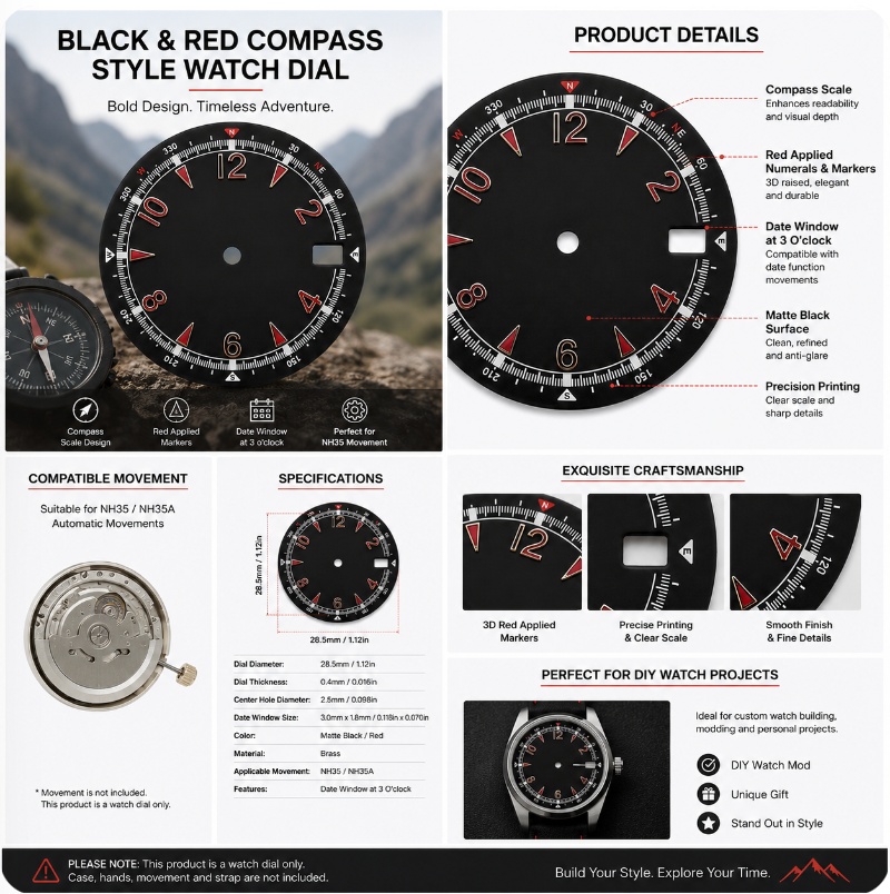 Black & Red Compass Style NH35 Automatic Watch Dial with Date Window | DIY Custom Watch Mod Dial