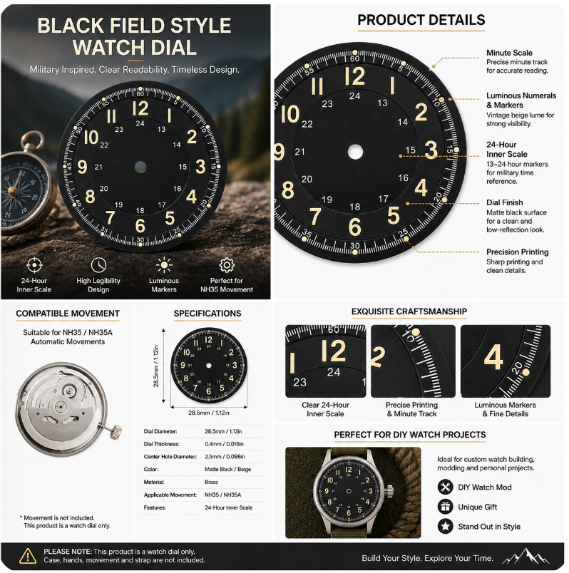 Black Field Style NH35 Automatic Watch Dial with 24-Hour Inner Scale | Luminous DIY Custom Watch Mod Dial