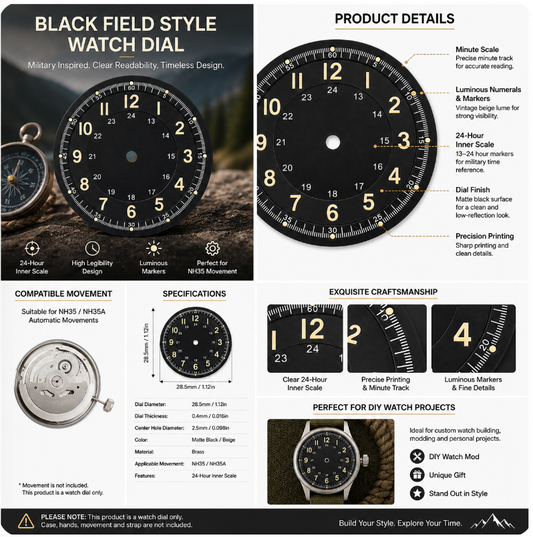 Black Field Style NH35 Automatic Watch Dial with 24-Hour Inner Scale | Luminous DIY Custom Watch Mod Dial