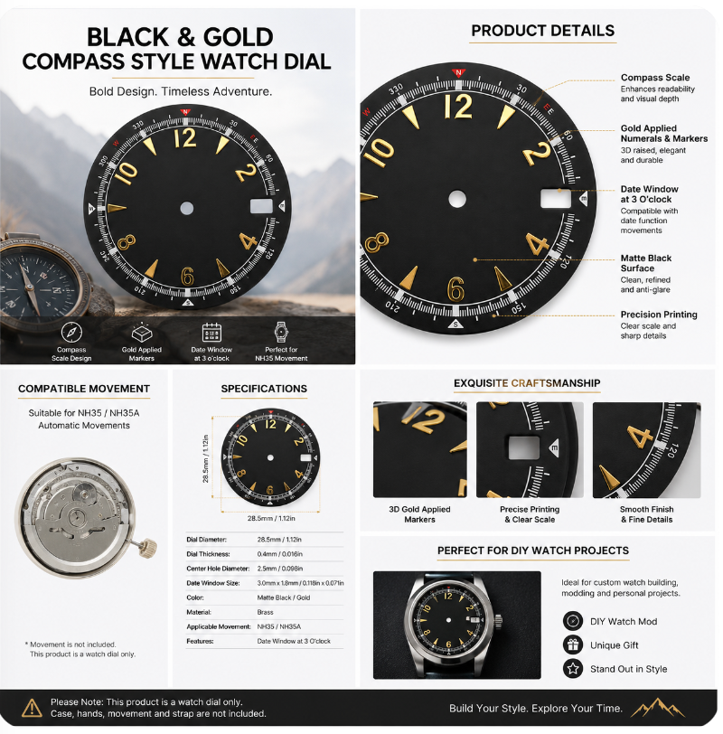 Black & Gold Compass Style NH35 Automatic Watch Dial with Date Window | DIY Custom Watch Mod Dial